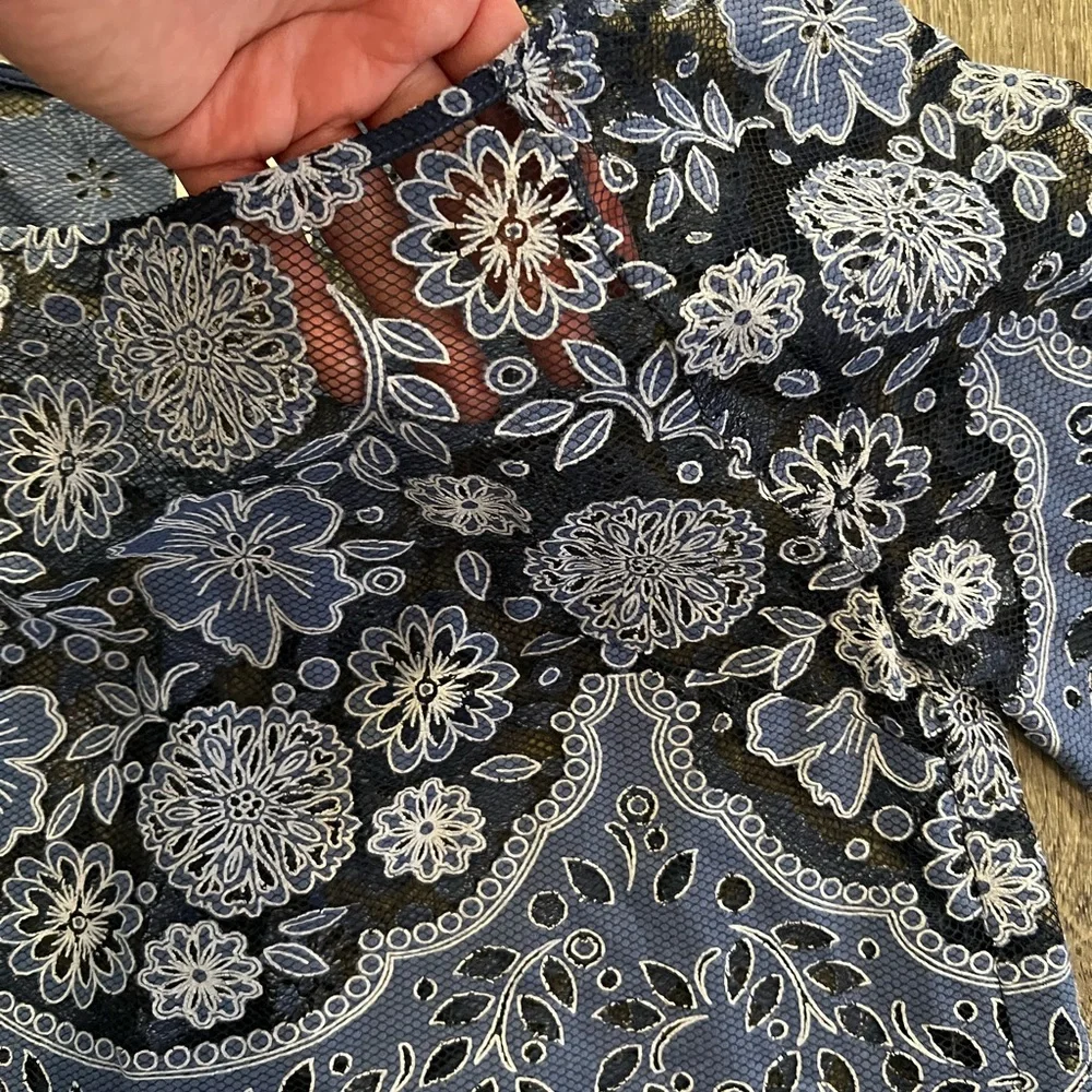 Anthropologie HD In Paris Montmartre Blue Lace Overlay Blouse Top
